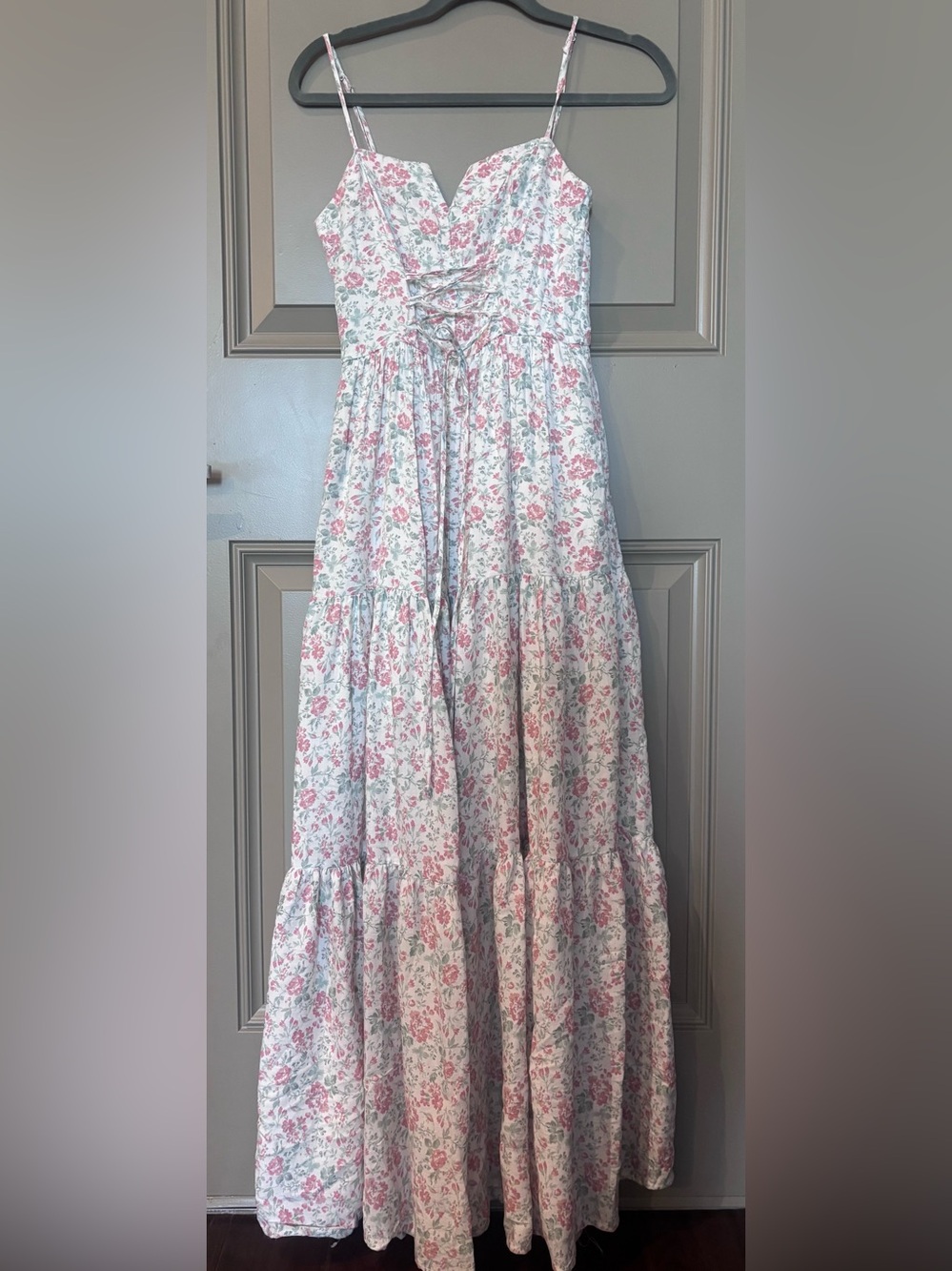 Francesca’s White with Pink and Green Flowers Maxi Dress with Adjustable Straps